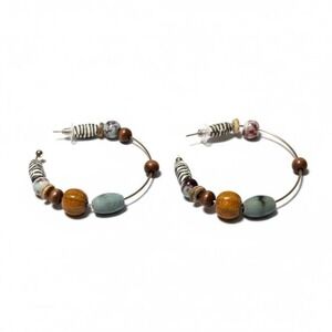 Boho Beaded Hoop Earrings Earthy Ceramic Wood Tribal Statement Jewelry